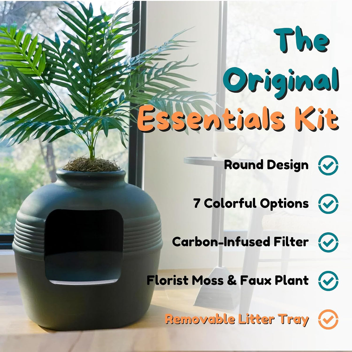 Good Pet Stuff Original Hidden Litter Box Planter, Decorative Cat Litter Enclosure, Carbon Filter, Faux Plant, Easy to Clean, Round Design, Removable Tray, Essentials Kit, Palm Plant, Charcoal Black