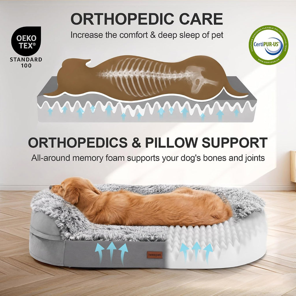 iweepet Fluffy Calming Orthopedic Dog Beds for Medium & Large Dogs, Supportive Dog Sofa Bed with 3.7 inch 28D Egg-Crate Foam, Removable Washable Plush Cover, Waterproof Lining, 41'',Grey