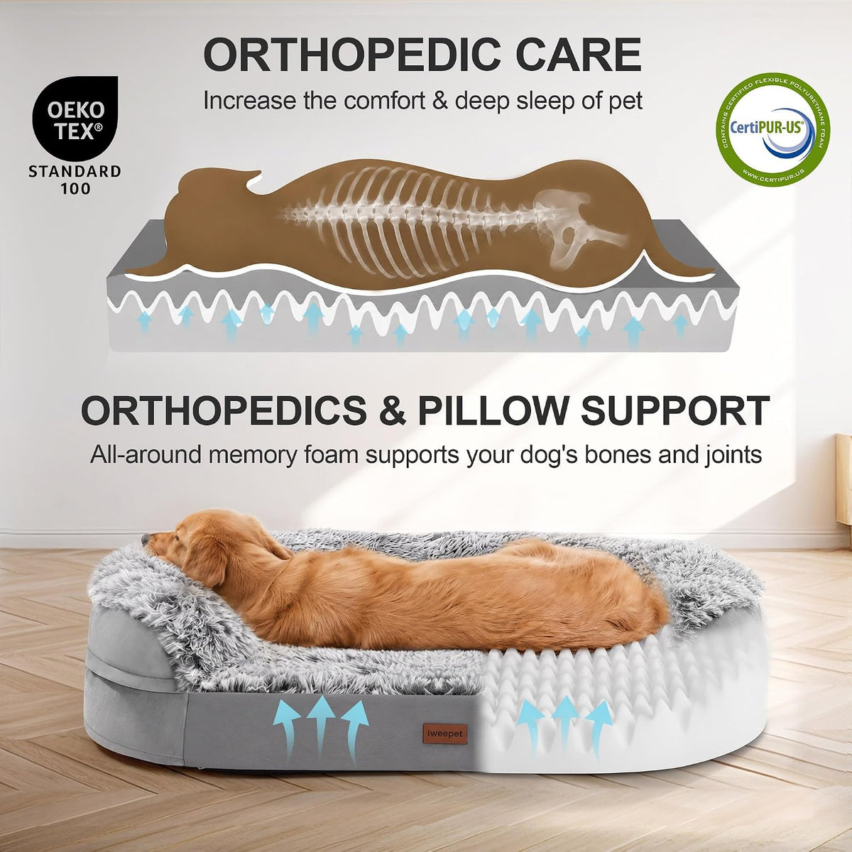 iweepet Fluffy Calming Orthopedic Dog Beds for Medium & Large Dogs, Supportive Dog Sofa Bed with 3.7 inch 28D Egg-Crate Foam, Removable Washable Plush Cover, Waterproof Lining, 41'',Grey
