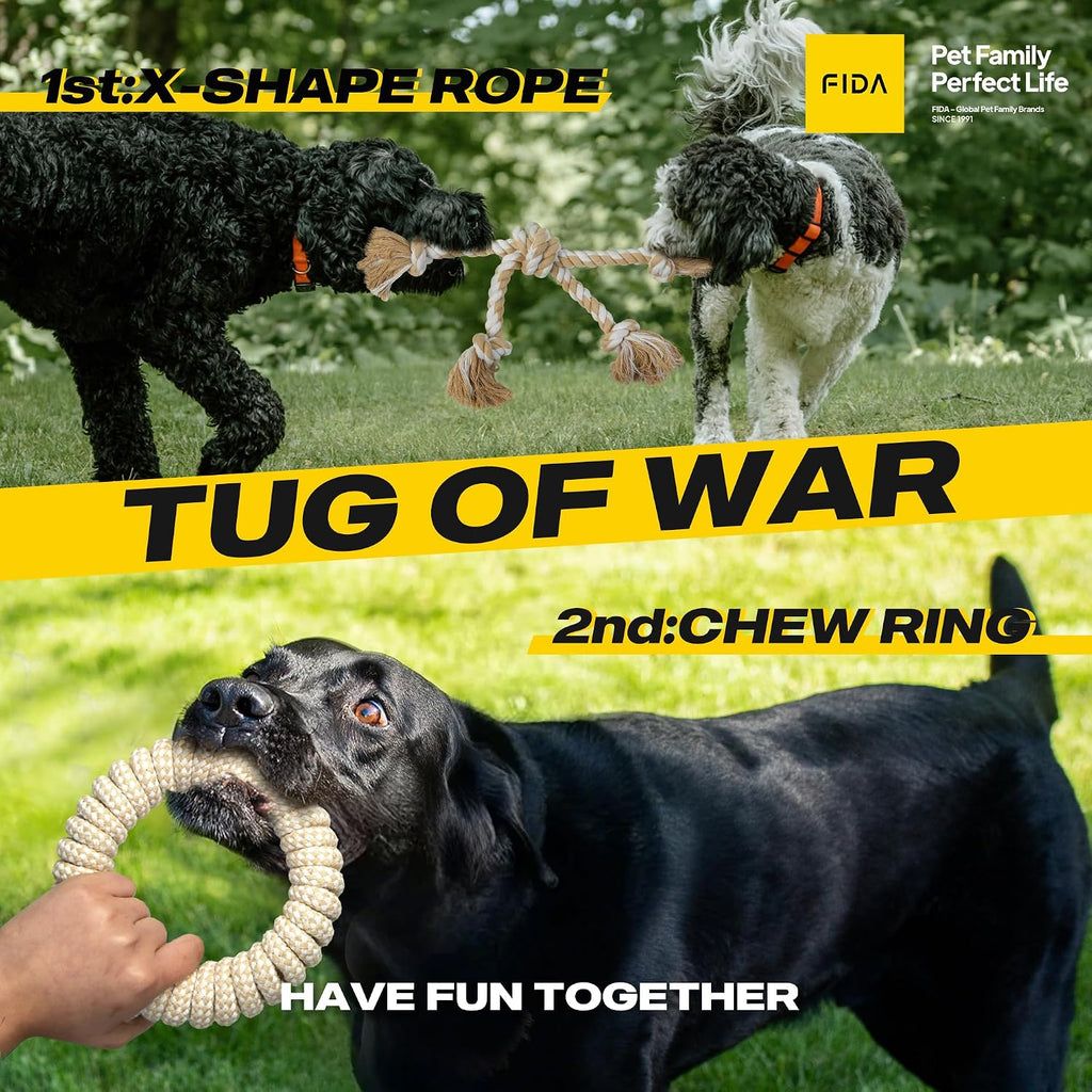 Fida Heavy Duty Dog Rope Toys for Medium Large Dogs, Chew Tug Toys, 4 Pack | Natural Cotton, Ball/Ring/Knot/Twist for Interactive Play, Tug of War, Fetch, to Keep Them Busy