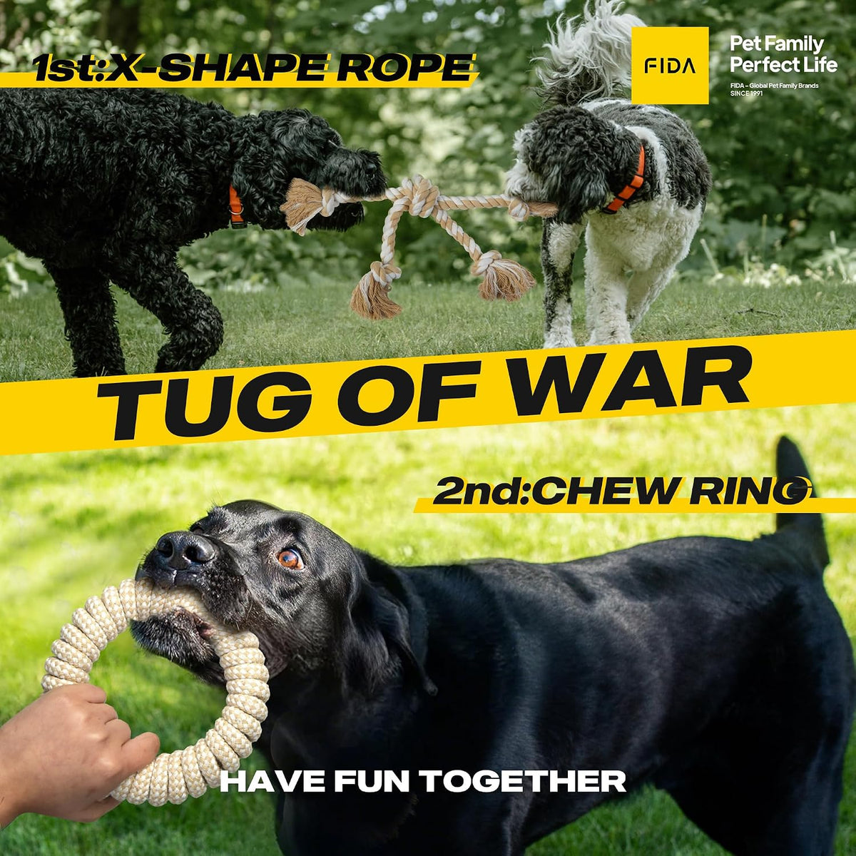 Fida Heavy Duty Dog Rope Toys for Medium Large Dogs, Chew Tug Toys, 4 Pack | Natural Cotton, Ball/Ring/Knot/Twist for Interactive Play, Tug of War, Fetch, to Keep Them Busy