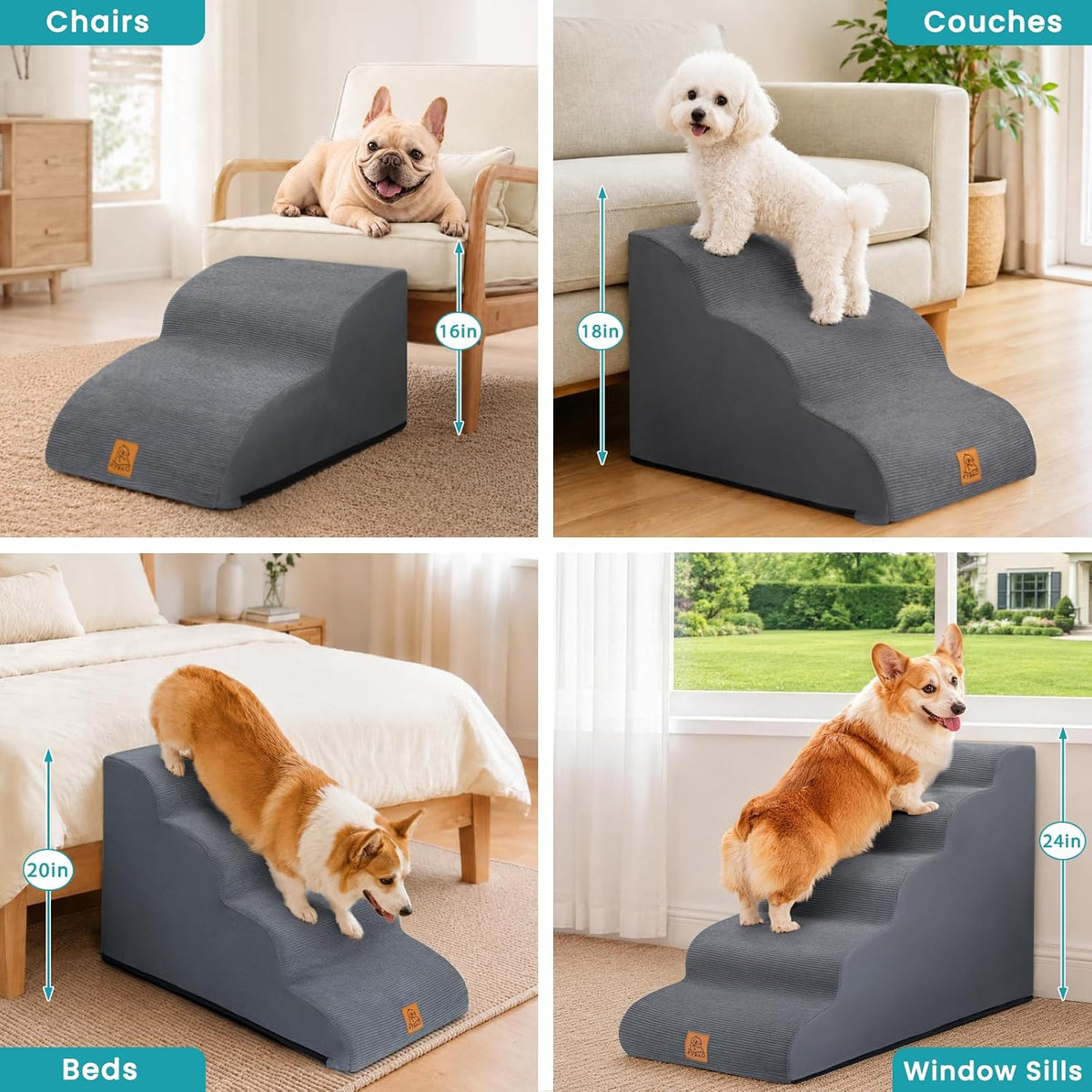 Dog Stairs for Small Dogs and Cats, 3-Step Dog Steps for Couch, 15.7" H