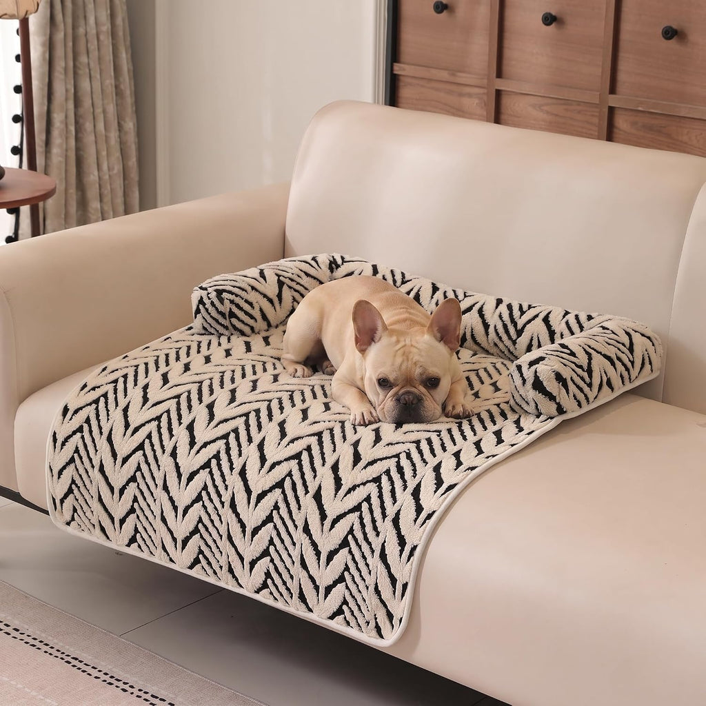 Calming Dog Couch Bed Mats with Neck and Head Support, Fluffy Plush Pet Sofa Cover for Small Medium Dogs and Cats, Non-Slip Bottom, Machine Washable