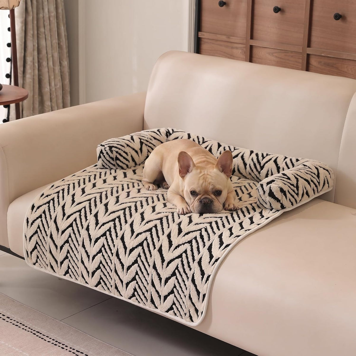 Calming Dog Couch Bed Mats with Neck and Head Support, Fluffy Plush Pet Sofa Cover for Small Medium Dogs and Cats, Non-Slip Bottom, Machine Washable