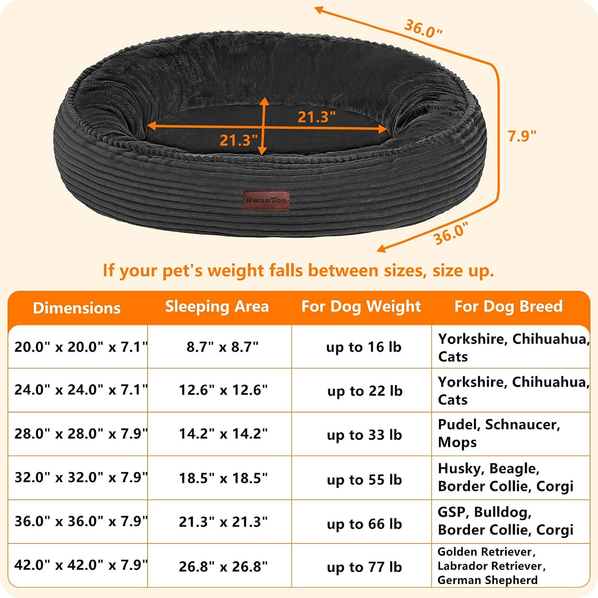 Dwanton Orthopedic Medium Dount Dog Bed, Egg-Crate Foam Round Dog Sofa, 36"