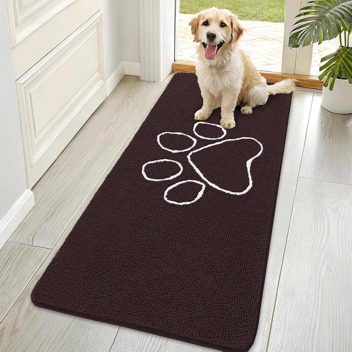 OLANLY Dog Door Mat for Muddy Paws 70x35, Paw Print Design Chenille Mud Mat