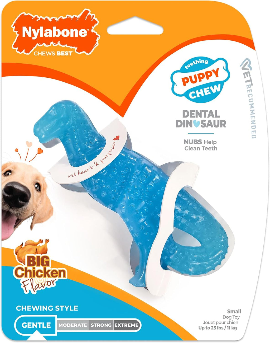 Nylabone Puppy Chew Dental Dinosaur Dog Chew Toy, Chicken Flavor, Small | Soothing teething toys for puppies, puppy enrichment & teething relief, freeze for added comfort, up to 25 lbs