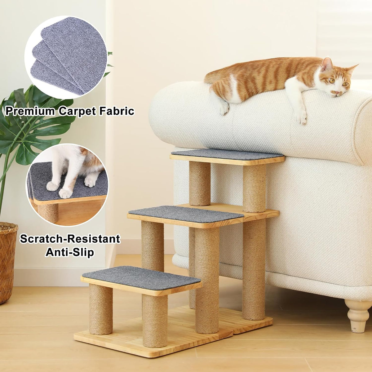 FUKUMARU Dog Stairs, Solid Wood Pet Stairs with Cat Scratching Post