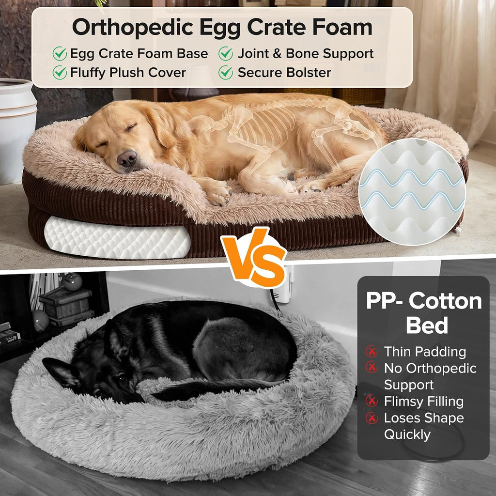 INVENHO Fluffy Orthopedic Dog Beds Large Sized Dog, Jumbo Egg-Crate Foam Bolster Sofa Bed with Washable Removable Waterproof Cover, Fluffy Plush Faux Fur Dog Bed with Non-Skid Bottom