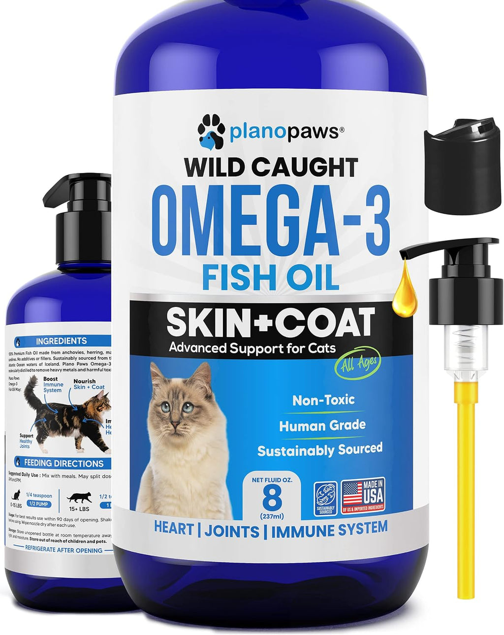 Omega 3 Fish Oil for Cats - Wild Caught, Skin and Coat, 8 fl oz Liquid