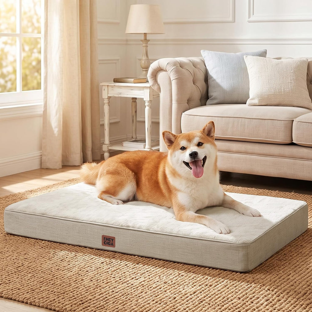 EHEYCIGA Large Memory Foam Dog Crate Bed Washable, 35x23Inch, Beige