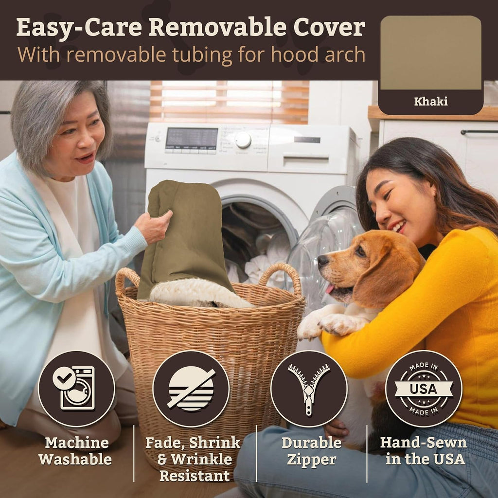 Snoozer Rectangle Cozy Cave Dog Bed, Hooded Dog Bed, Khaki (S)