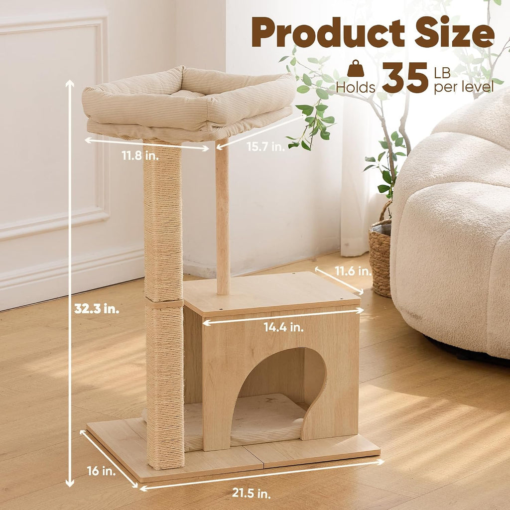 FUKUMARU Retro-Modern Cat Tree, Small Wooden Cat Tower with Post and Condo