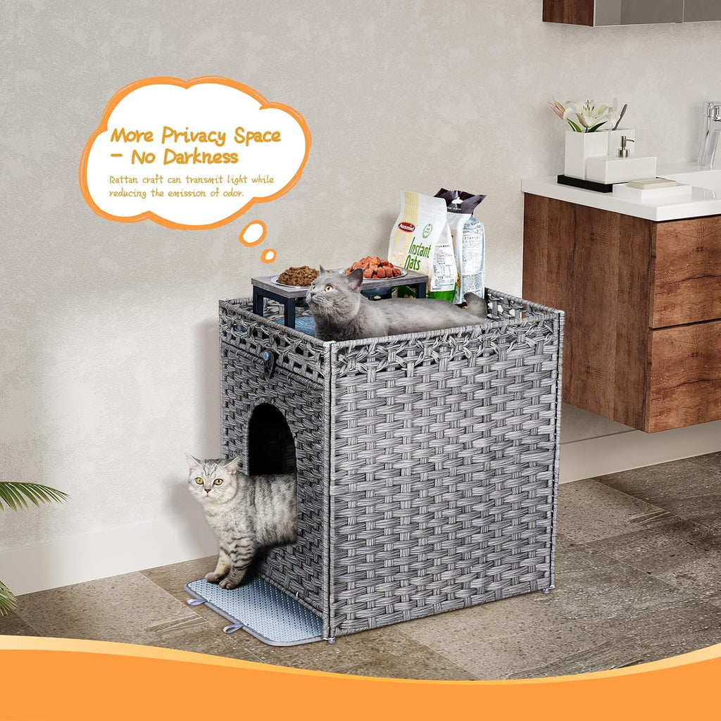 Snughome Cat Litter Box Enclosure Furniture Hidden with Cat Litter Mat, Hidden Cat Washroom Furniture with Door, Handwoven Rattan Cat Washroom Box, Indoor Pet House for Living Room, Bedroom(Grey)