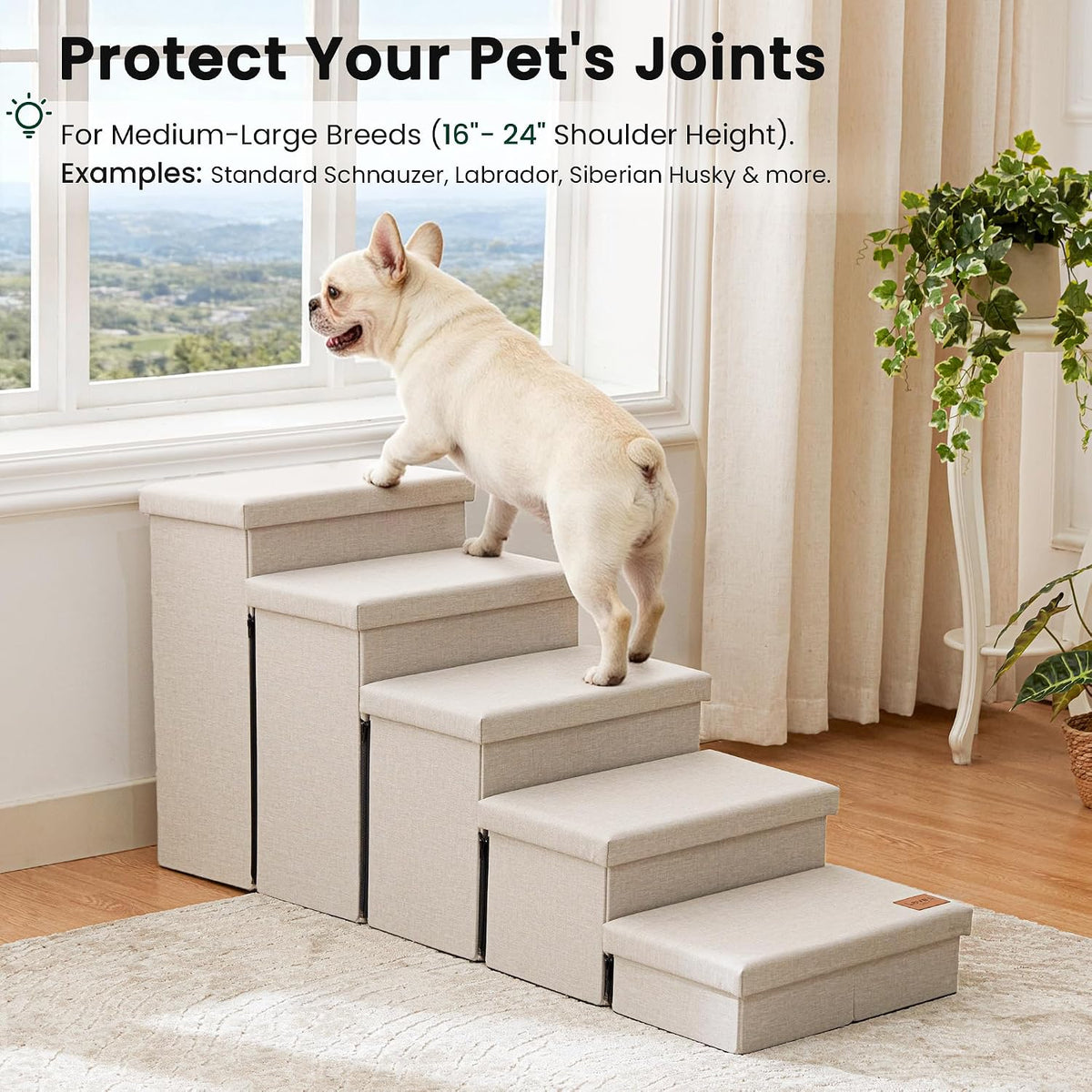 Love's cabin Dog Stairs for High Bed, Foldable Pet Stairs for Small Medium or Large Dogs Puppy with Storage for Bed or Couch, Cat Dog Steps Ramp with Zip up to 200 lbs, Beige, 5 Steps