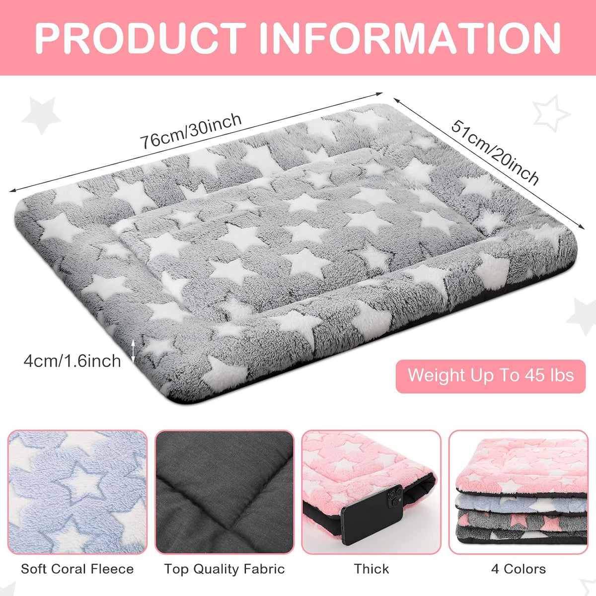 VitalCozy 4 Pcs Dog Crate Pads Soft Warm,20 x 30 x 1.6 Inch,Star,Colorful