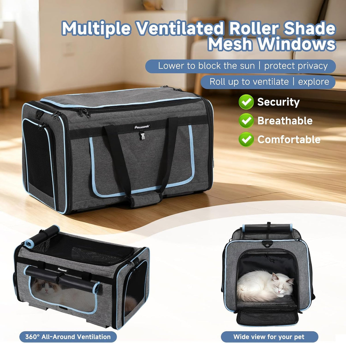 Large Pet Carrier with Wheels, Foldable Rolling Cat Carrier with Telescopic Handle, 4-Sided Mesh, Collapsible Rolling Travel Carrier for Dogs & Cats for Visits, Camping(Not for Airline)