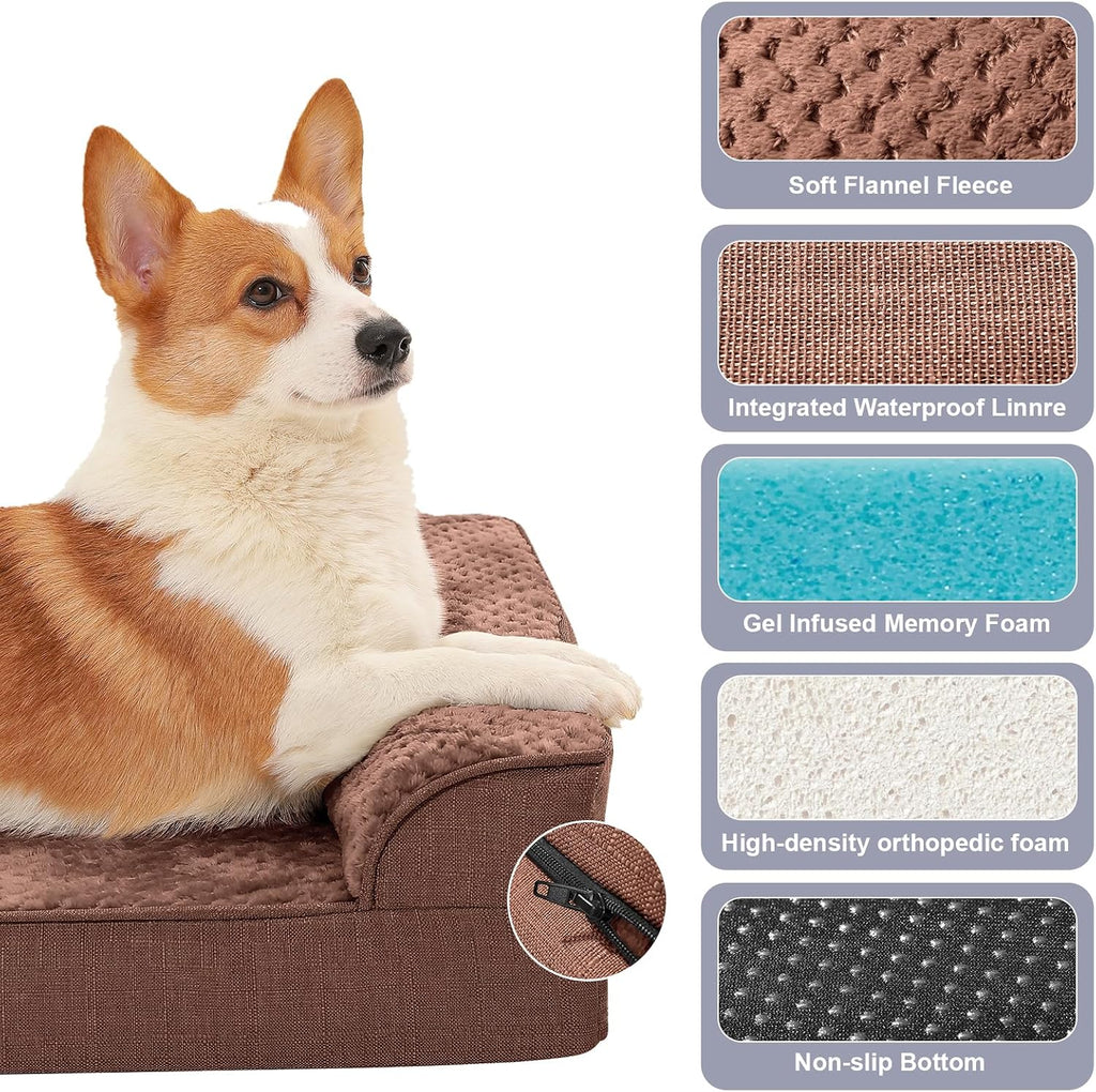 Rainmr Waterproof Dog Bed for Small Dogs - Orthopedic Memory Foam Puppy Couch Sofa, Removable Cover & Anti-Slip Bottom, 41x27 Inches, Brown