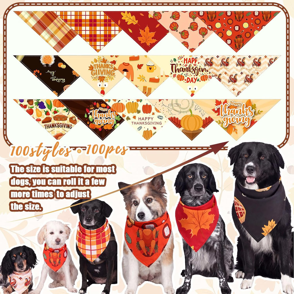 Huhumy 100 Pcs Thanksgiving Dog Bandanas Bulk Turkey Pumpkin Dog Bandanas