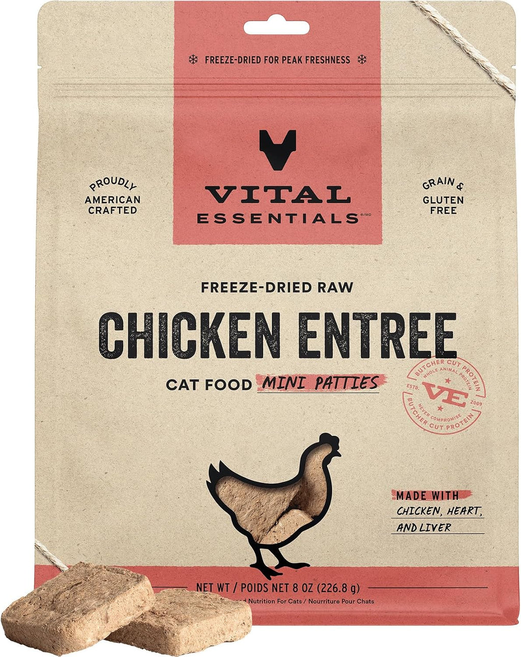 Vital Essentials Freeze Dried Cat Food, Chicken Mini Patties, 8 oz Bag