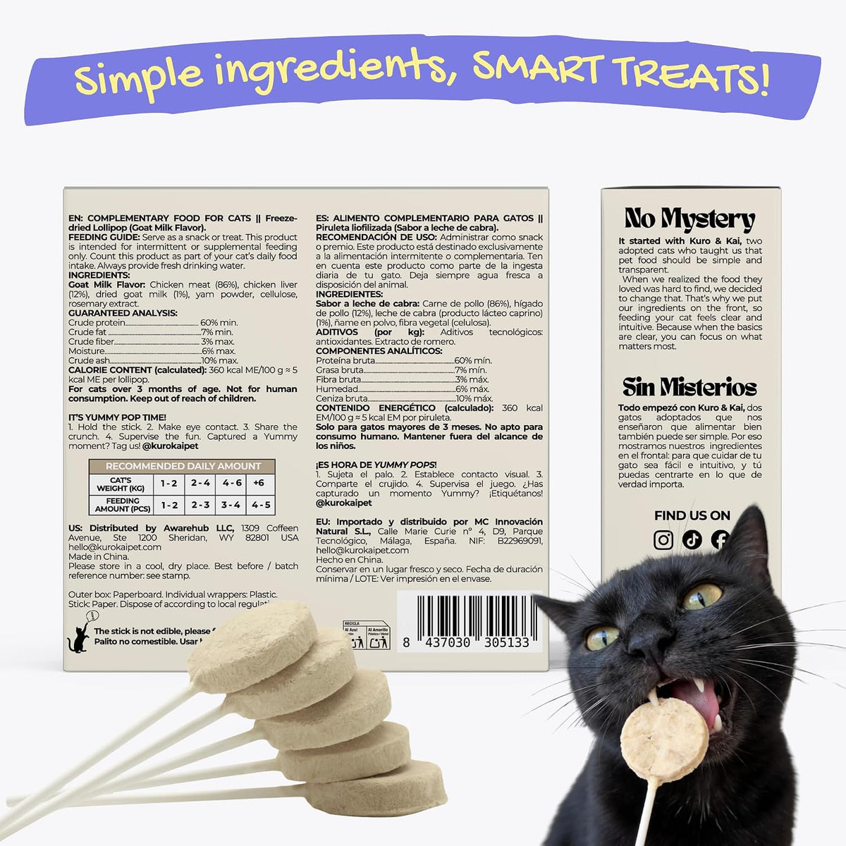 KURO & KAI Freeze Dried Goat Milk Cat Treats, Chicken Lollipops, 15 Count