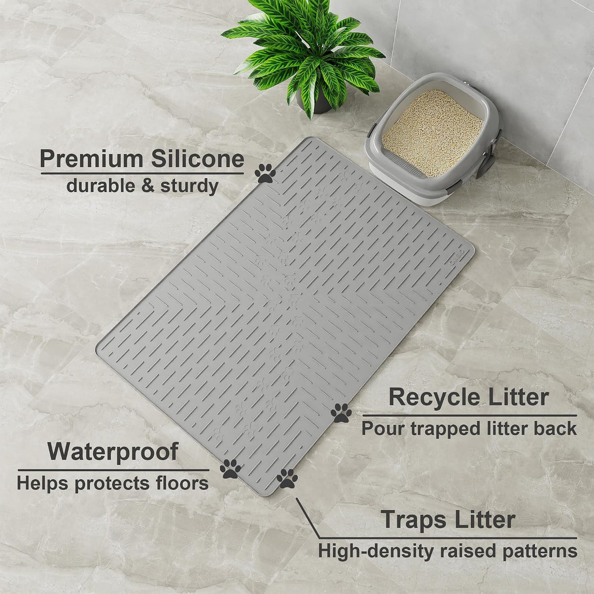 OHMO XL Cat Litter Mat, 37.5x25.2 Silicone Trapping Mat Grey | for Kitty Litter Box, Easy Clean, BPA Free Rubber, Center Litter Collection, Easy Pour-Back, Waterproof, Odor-Resistant