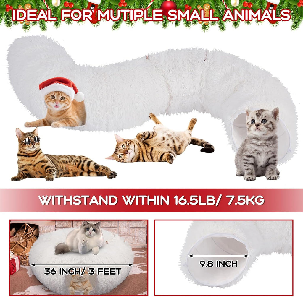 Hollowfly Christmas Cat Bed Tunnel 3ft x 3ft x 9.8in Under Tree Cat Donut Tunnels for Indoor Kittens Xmas Winter Plush Peekaboo Cave Toy Collapsible 3 Way for Small Kitty(Fluffy)