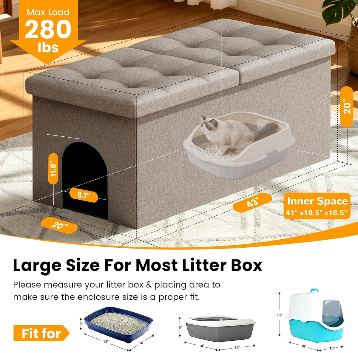 3-in-1 Cat Litter Box Enclosure Furniture, XX-Large, Light Grey