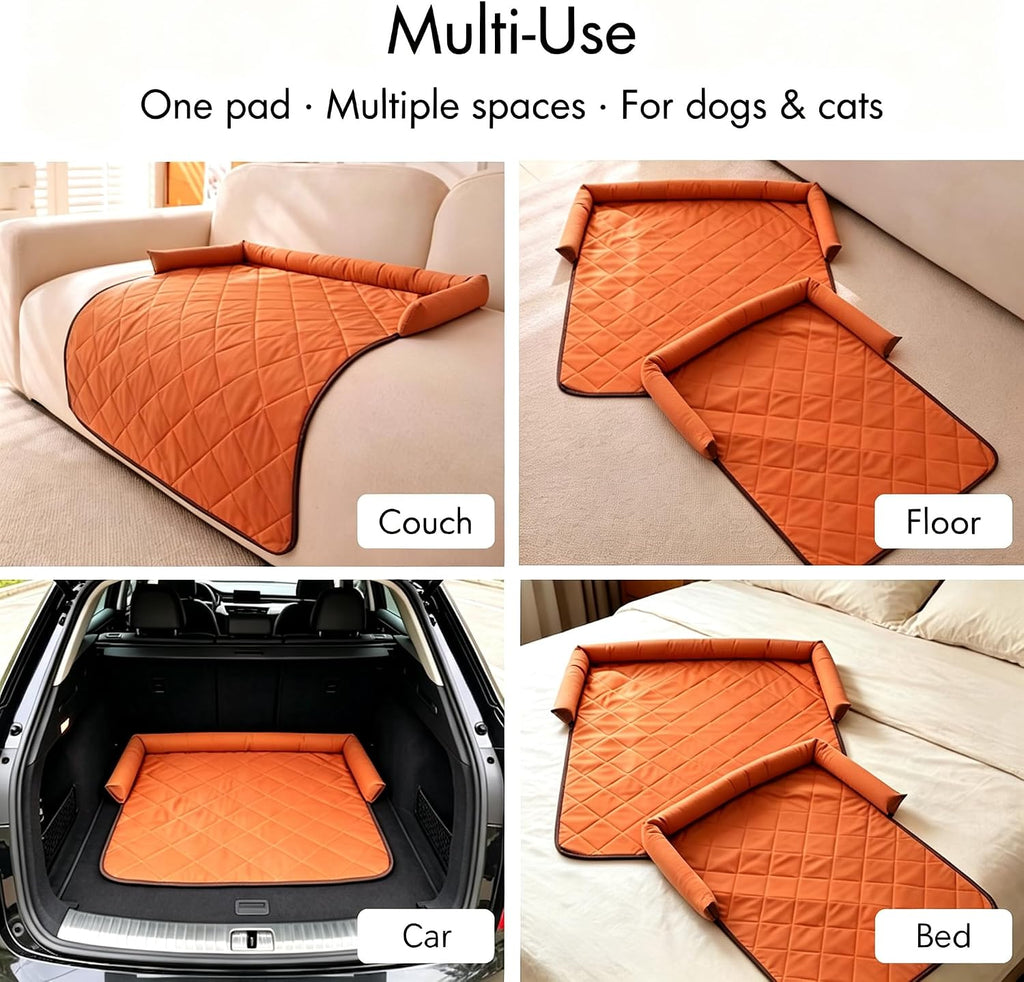 Calming Dog Couch Bed with Head Support, Waterproof Sofa Cover, Orange, M