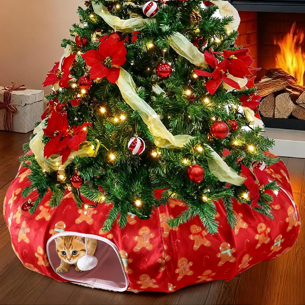 Cinnvoice Christmas Cat Tunnel Bed Fluffy Circular Dog Bed for Christmas Tree Warm Gingerbread Man Cat Cave with Hanging Ball Big Tube Playground Pet Toys for Indoor Kitten Puppy Rabbit Ferret