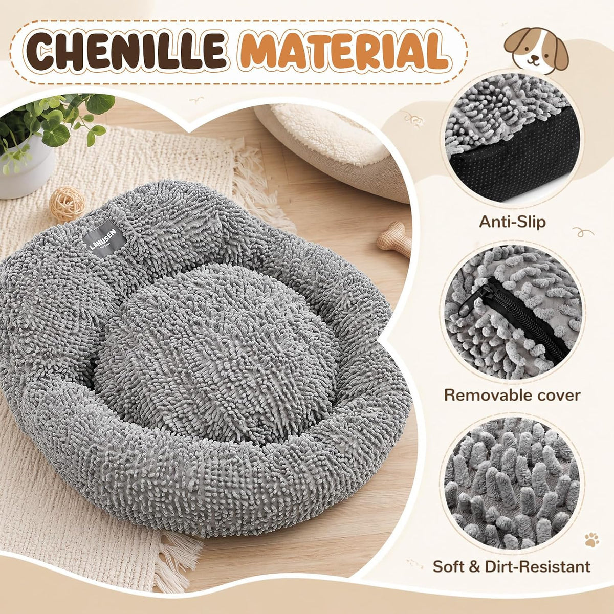 Leinuosen 30 Inch Chenille Donut Dog Bed with Backrest for Dogs & Cats