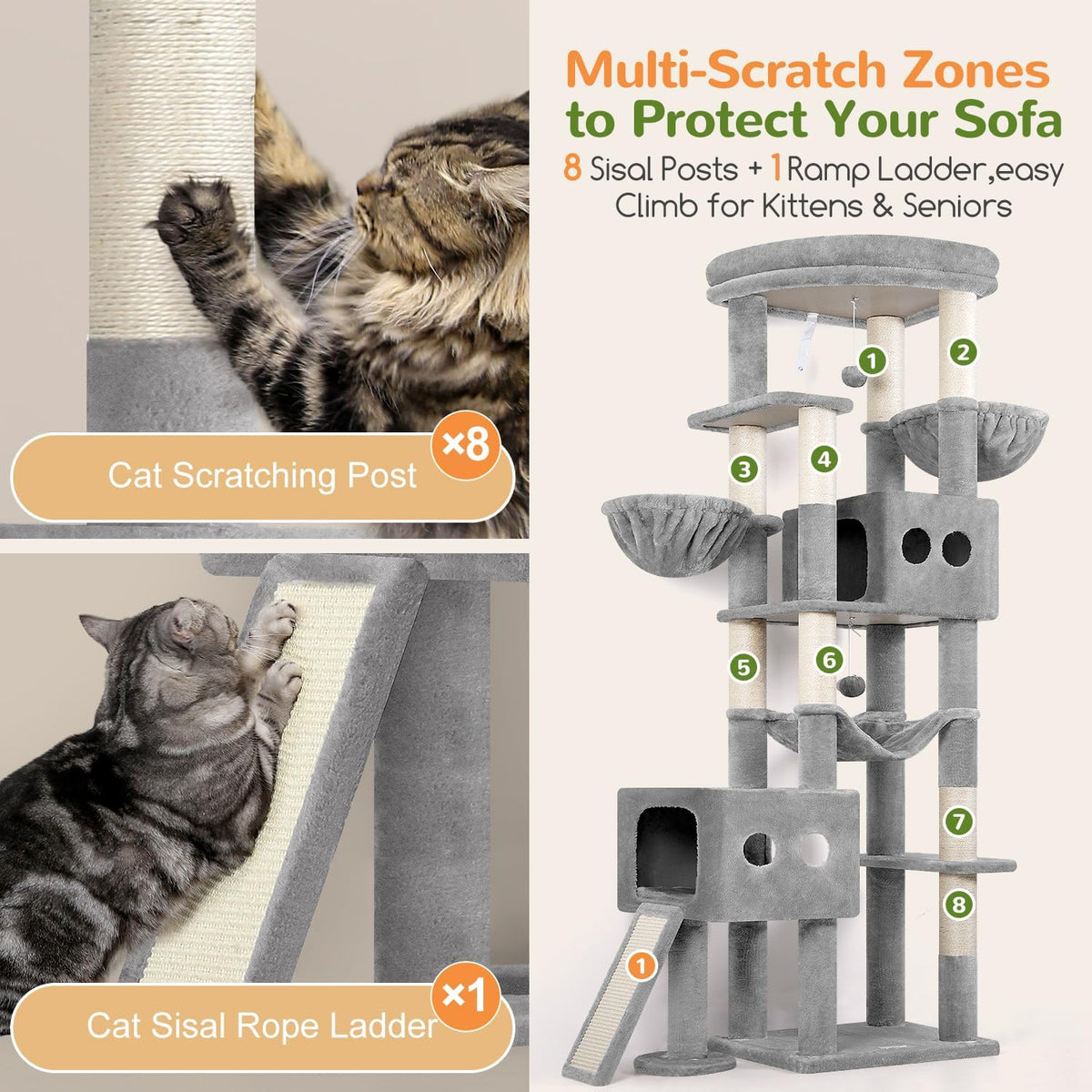 Globlazer 81in Tall Cat Tower for Large Adult Cat, S81G Pro Max, Light Grey