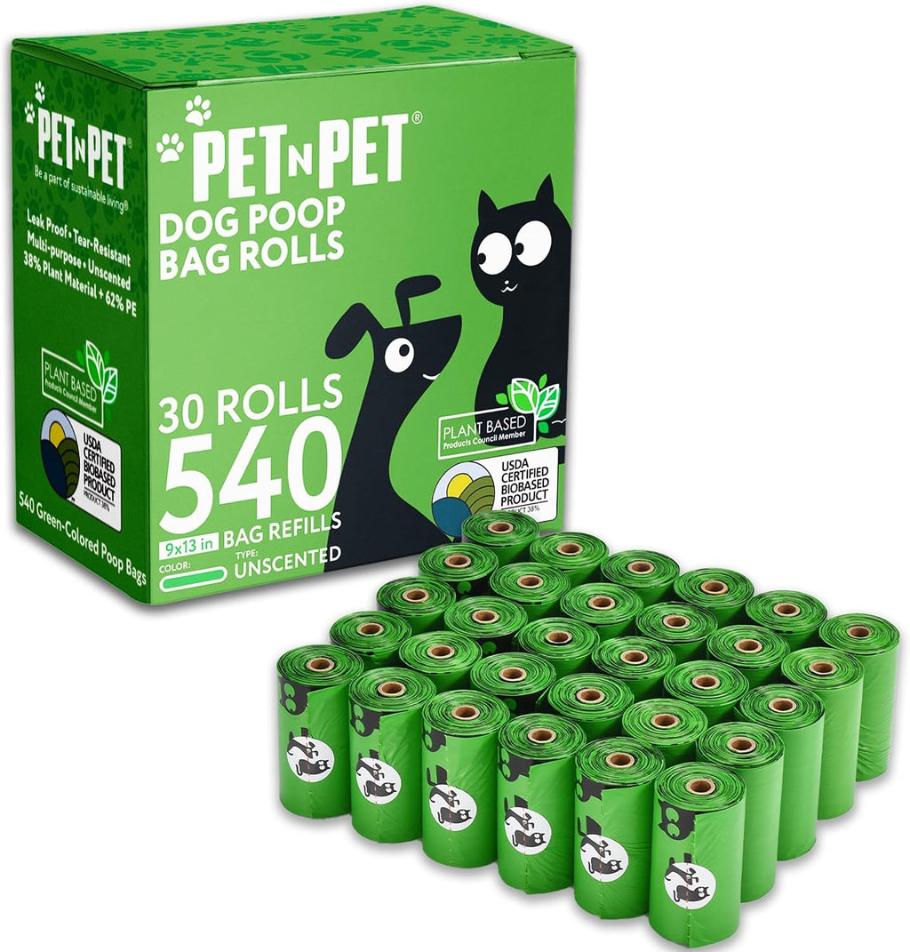 Pet N Pet Dog Poop Bags Rolls, 540 Count, Plant Based, Unscented, Green | 41%, 59% PE, Extra Thick, 9 x 13, Waste, Supplies, Leak-Proof, Tear-Resistant, Easy-Tear Design, Durable, dog waste bags