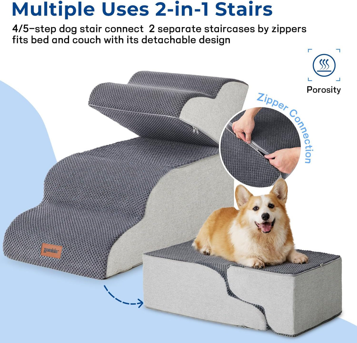 ZOMISIA Pet Stairs Ramp for Small Dogs, 15.7" Dog Bed Stairs 3 Step Grey