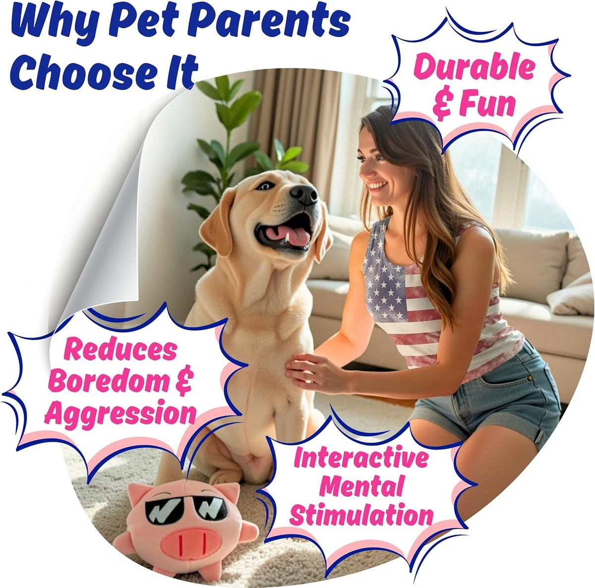 Dog Toy for Aggressive Chewers, Tough Squeaky Chew Ball, Large Breeds Gift | Super Strong, Durable Soft Plush Pig, No Stuffing Inside; Interactive for Puppies, Medium & Big Pets in a Birthday Gift Box
