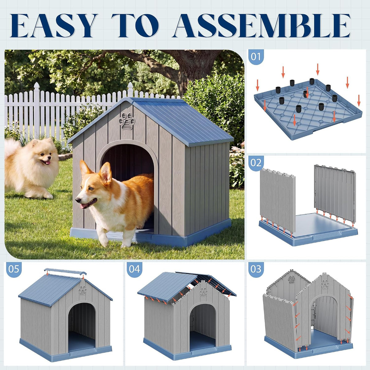 Dog House Outdoor, Plastic Small Dog House-Weatherproof Design with Air Vents & Elevated Floor for Small to Medium Dogs, Easy Clean and Assemble (Classic Blue, 26''L × 23.6''W × 25.8''H)