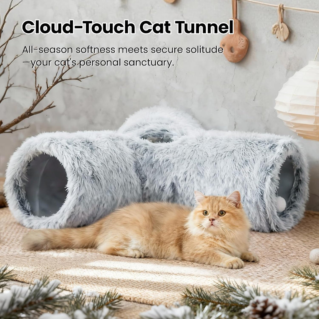 Tempcore Plush Cat Tunnel, 3-Way Collapsible Toy for Indoor Cats, Grey | Plush Fabric Creates a Soft Play Space for Cats, with 3-Way Tunnels, Peek Holes, Hanging Ball and Teaser Wand for Interaction