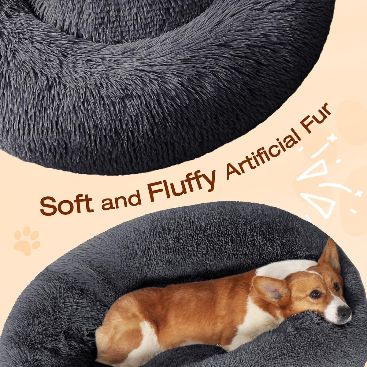 JOLLYVOGUE Dog & Cat Bed, Calming Anti-Anxiety Pet Bed for Small Dogs, Fluffy Donut Cushion for Small and Medium Pets (23")