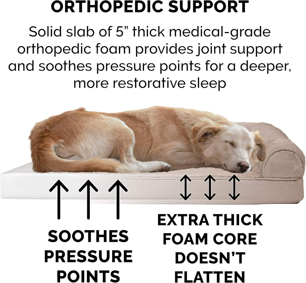 Furhaven Orthopedic Dog Bed for Large Dogs w/ Removable Bolsters & Washable Cover, For Dogs Up to 125 lbs - Plush & Suede Sofa - Almondine, Jumbo Plus/XXL