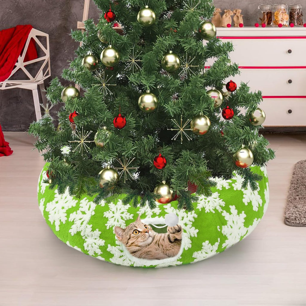 Cat Tunnel Christmas Tree Skirt for 5-7.5ft Trees - Prevent Christmas Tree Falling, Snowflake Patterns Warm Soft Cat Tube Bed with Anti-Slip Mat