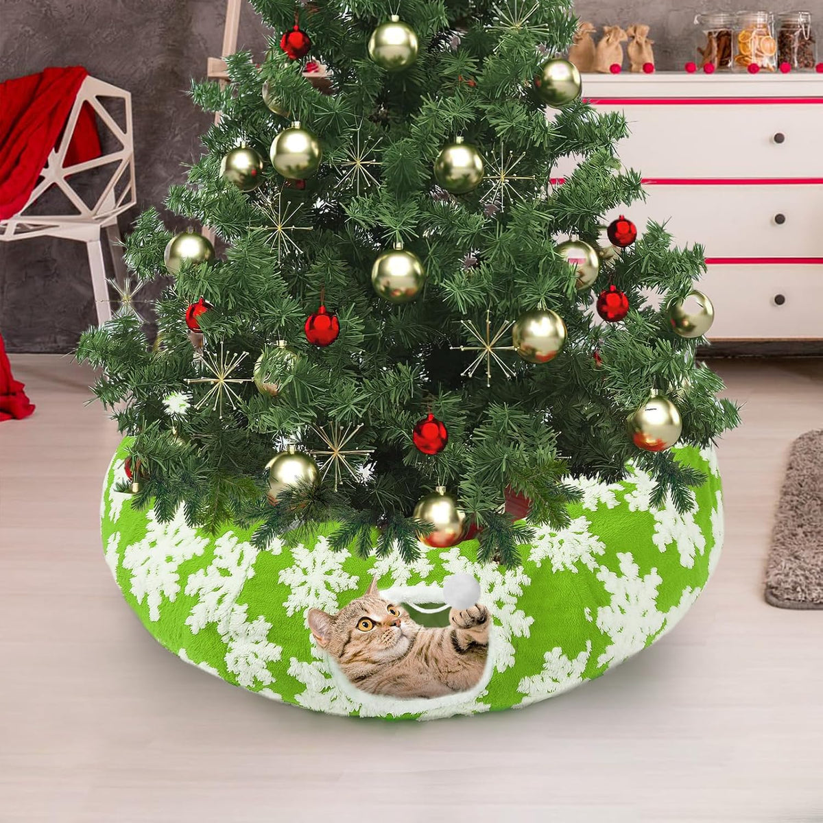 Cat Tunnel Christmas Tree Skirt for 5-7.5ft Trees - Prevent Christmas Tree Falling, Snowflake Patterns Warm Soft Cat Tube Bed with Anti-Slip Mat