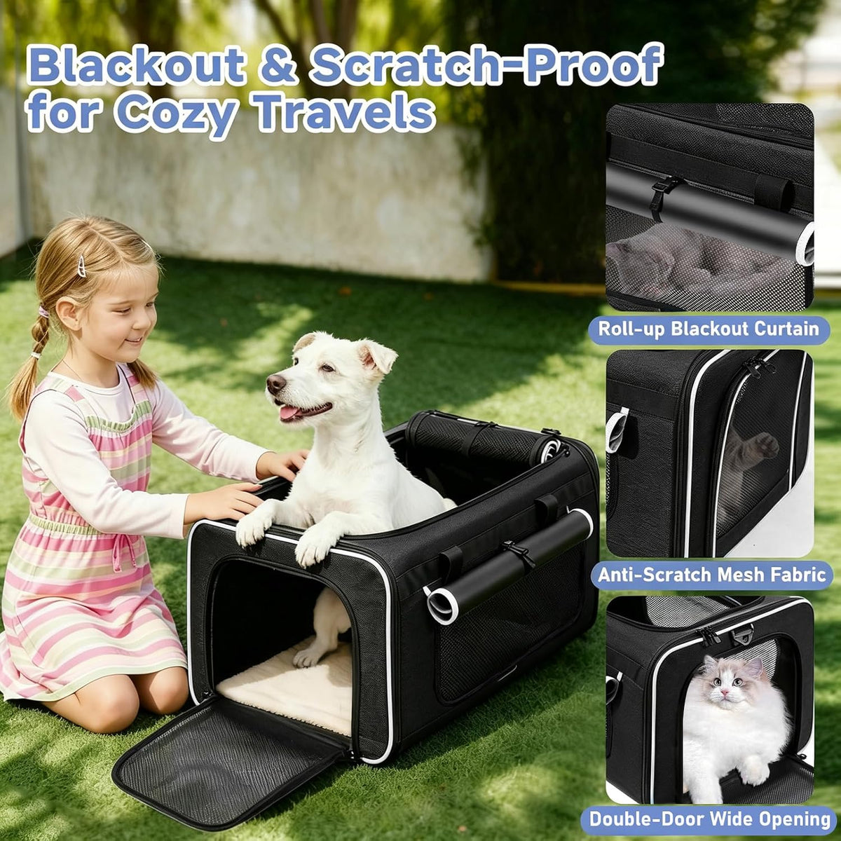 Large Pet Carrier with Detachable Wheels, 2 IN1 Foldable Soft-Sided Carriers- Designed for Dogs & Cats, Telescopic Handle, for Outdoor Car Indoor, Max. 44 LBS(Not for Airline)
