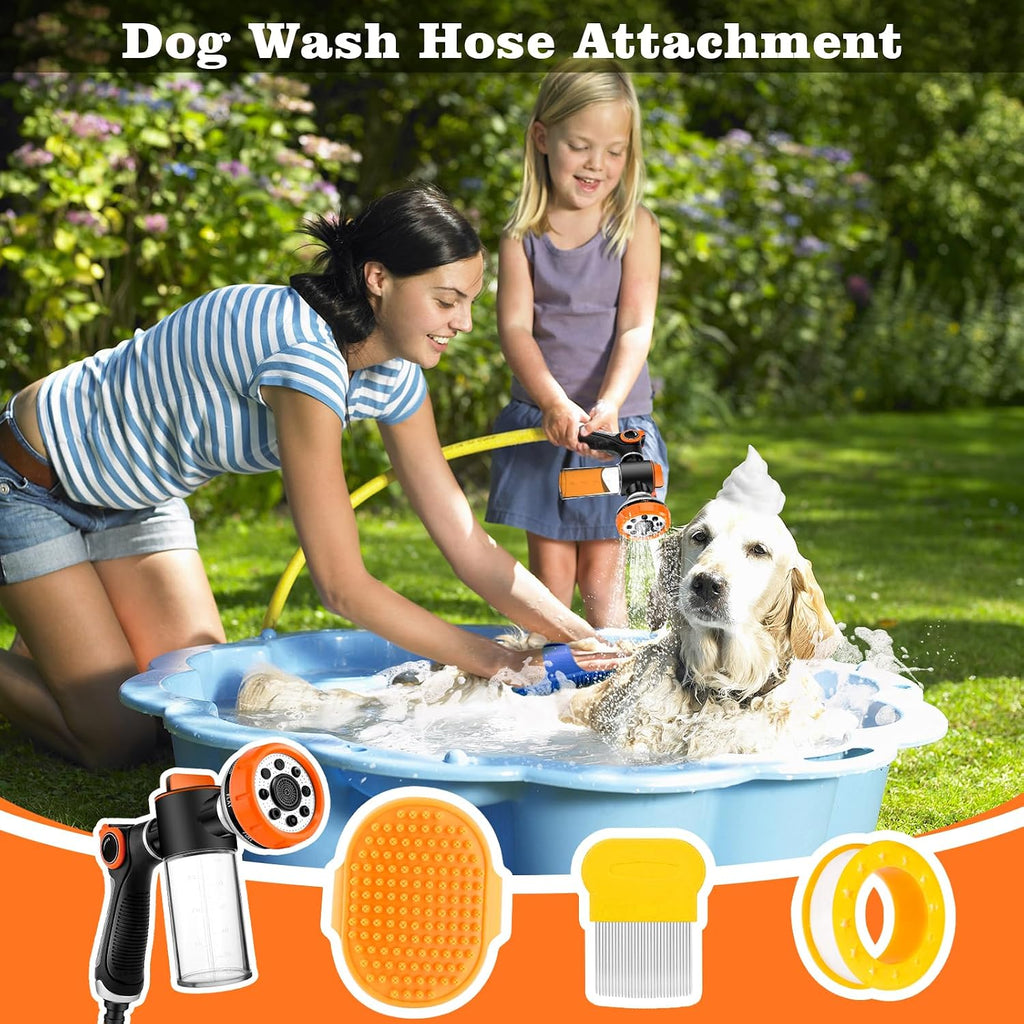 Upgrade Dog Washing Hose Attachment with Soap Dispenser, Dog Bath Hose Attachment with Pet Bath Brush Car Wash Mitt and Dog Comb for Watering Plants, Lawn, Showering Pet(Orange)