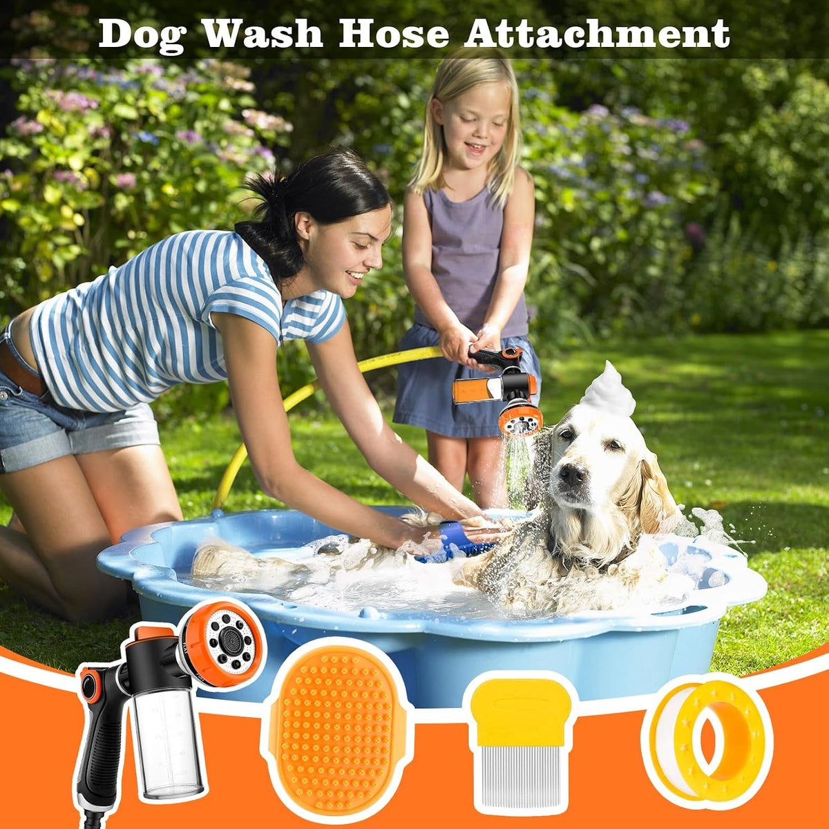 Upgrade Dog Washing Hose Attachment with Soap Dispenser, Dog Bath Hose Attachment with Pet Bath Brush Car Wash Mitt and Dog Comb for Watering Plants, Lawn, Showering Pet(Orange)