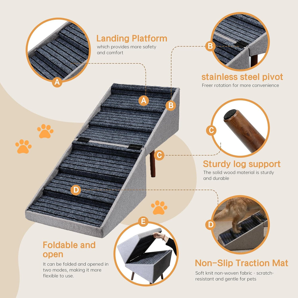 Wood Foldable Ottoman Dog Stairs, for High Beds & Large Dogs