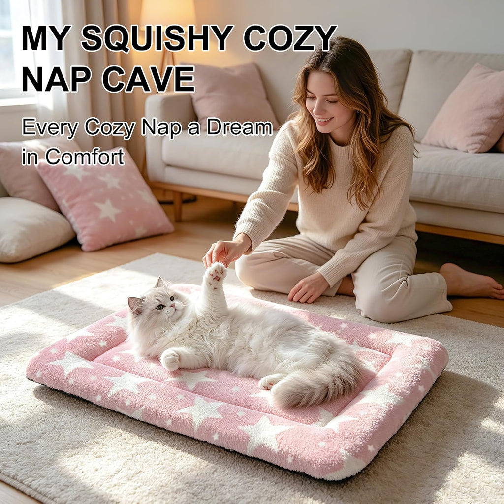 Dog Bed Mat, Reversible Crate Pad & Cute Dog Bed - Machine Washable Kennel Mat with Ultra Soft (Big&Small Stars Pink, 18" L x 14" W x 1.5" Th)