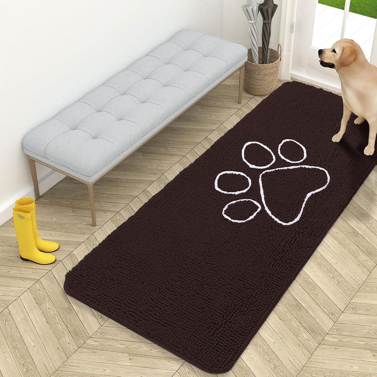 OLANLY Dog Door Mat for Muddy Paws 59x24, Paw Print Design Chenille Mud Mat
