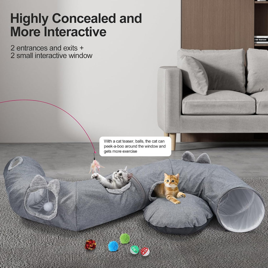 Odoland Linen Cat Tunnels & Central Cat Bed with 9 Interactive Cat Toys