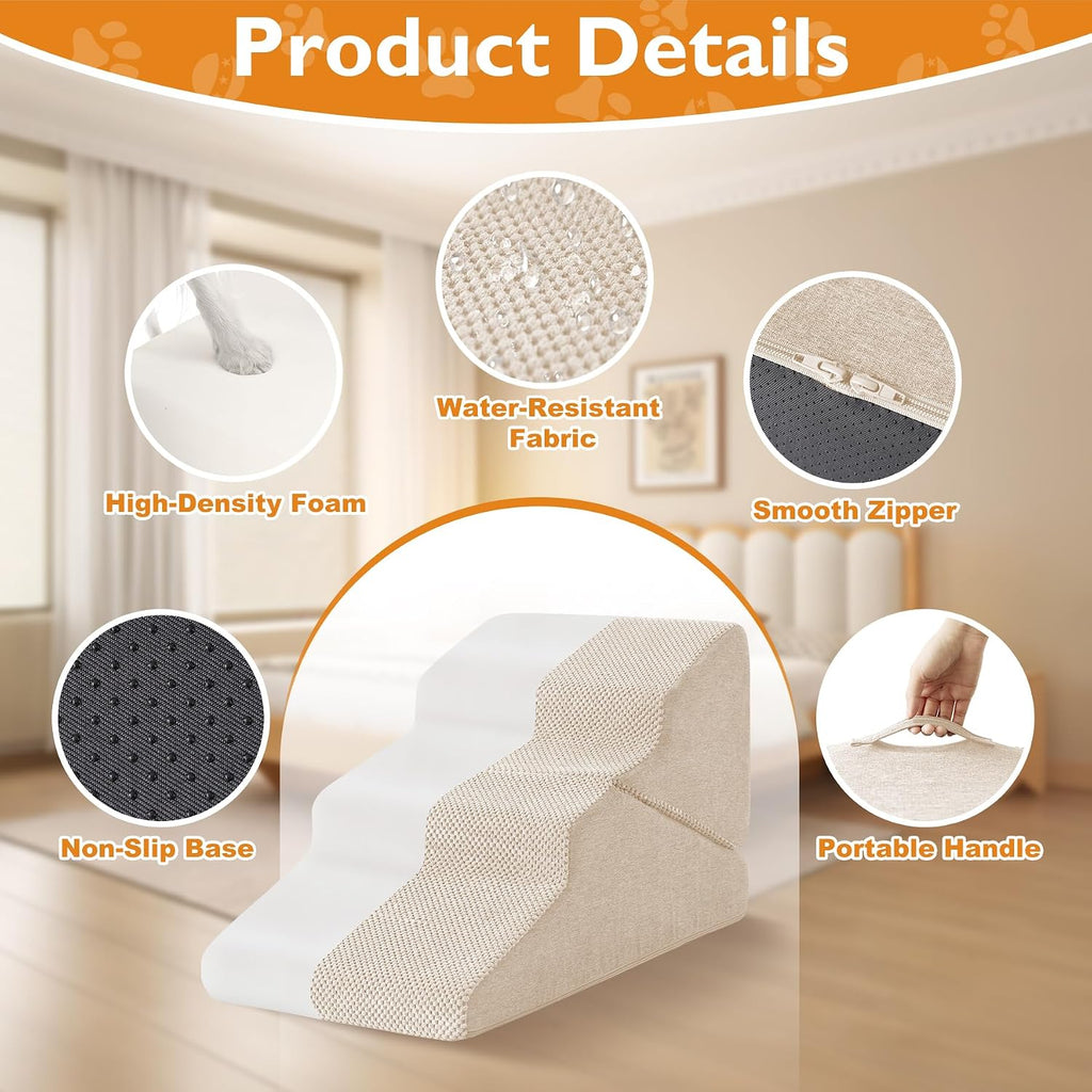 Ahpmeoa Dog Stairs for Small Dogs 16’’ H, 3-Step Dog Steps for Bed, Beige