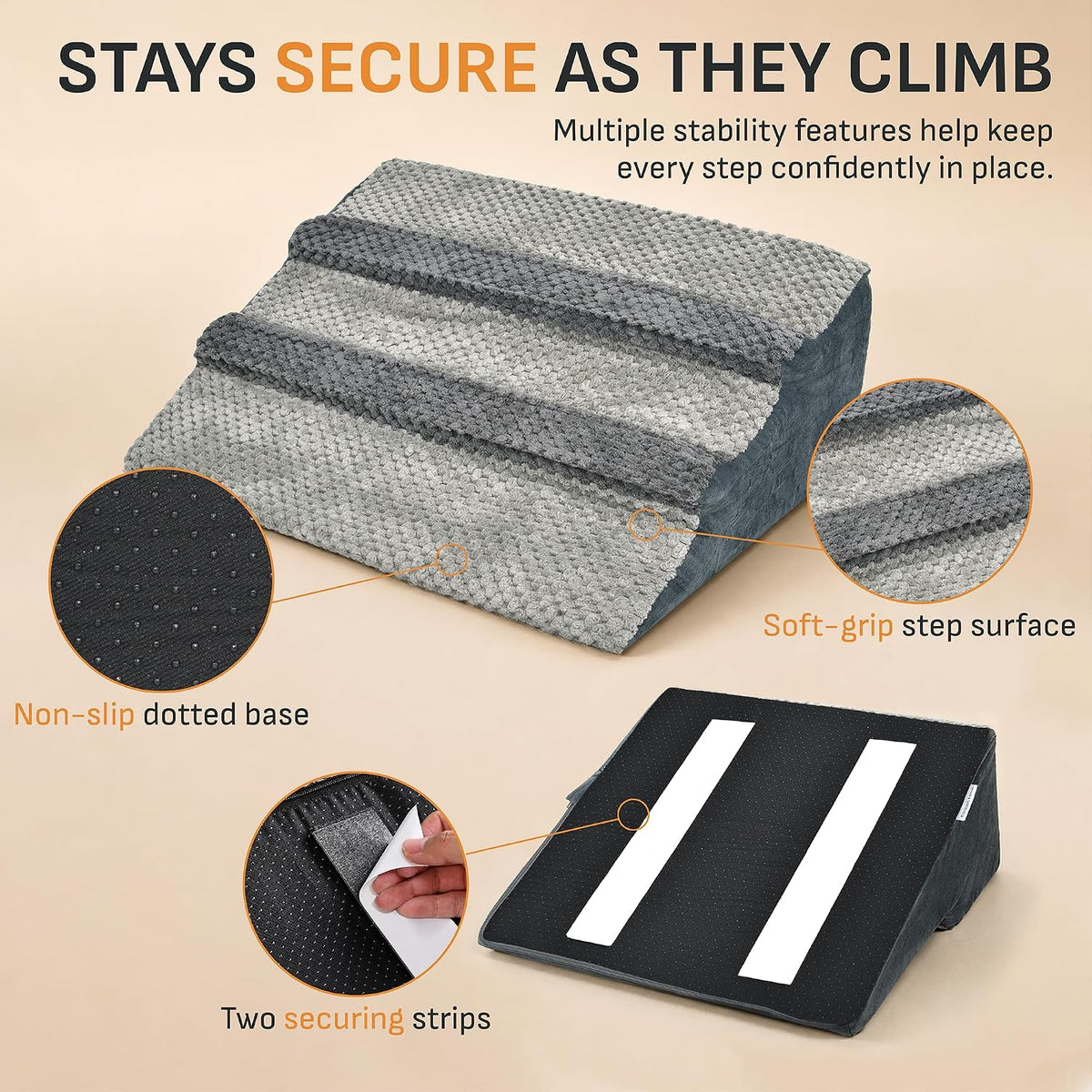 Dog Ramp for Stairs 3 Pack, Gentle Slope Pet Steps with Washable Cover, Non-Slip Adhesive Pads, Indoor Pet Ramp for Small, Medium & Senior Dogs